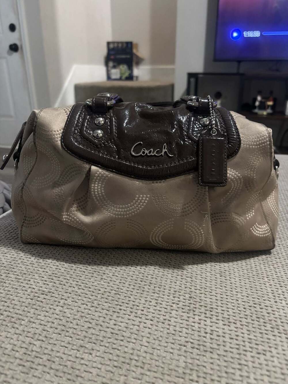 Coach Ashley Dotted Op Art Satchel F20027 Gray Taupe Pink